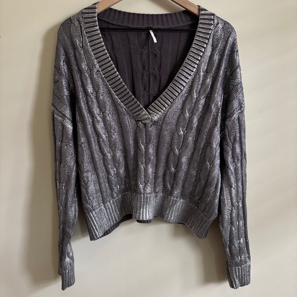 Young Fabulous & Broke Metallic Silver Cable Knit V-Neck Sweater Large